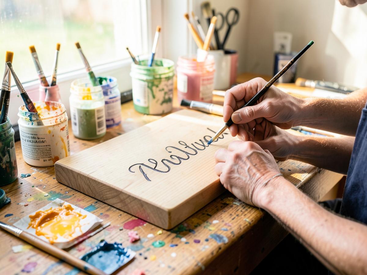 Hand-painting a personalised name onto a wooden plaque at a craft workbench